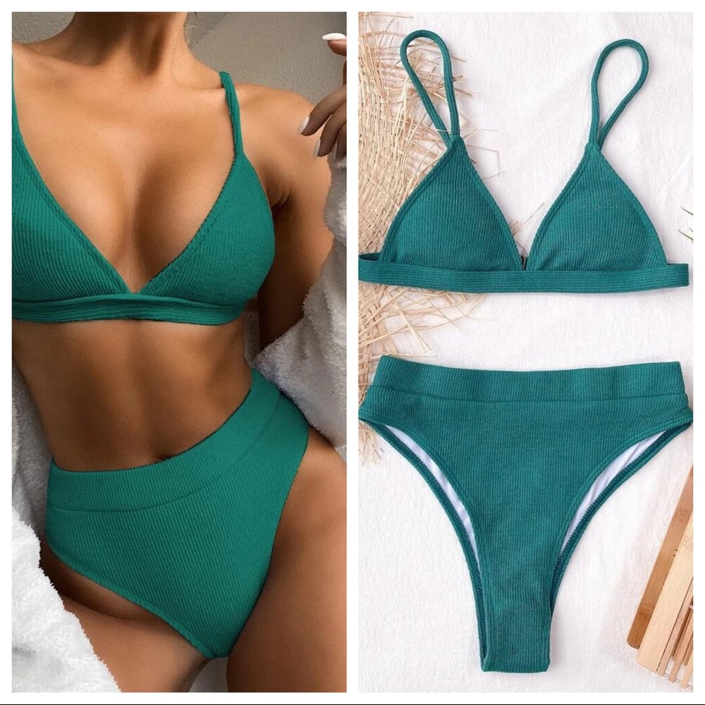 Solid Rib Knit Triangle High Waisted Bikini - image 8